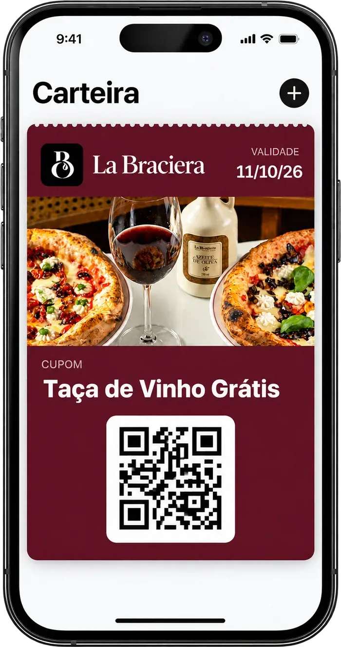 iPhone with the Wallet open, showing a La Braciera coupon for a free glass of wine, with its expiry date and QR code