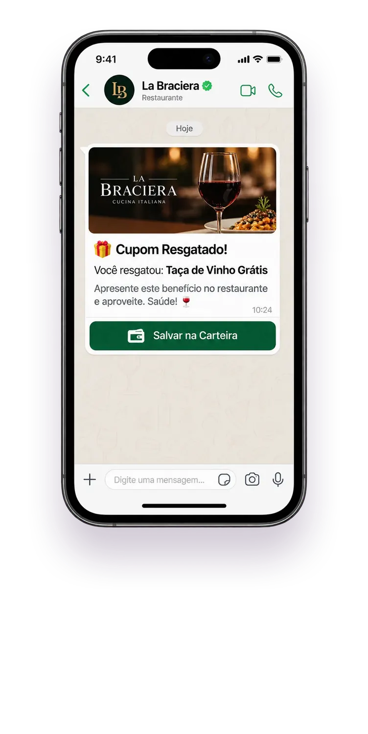 iPhone with a La Braciera WhatsApp chat: the customer redeemed a Free Glass of Wine and can save the coupon in the Wallet